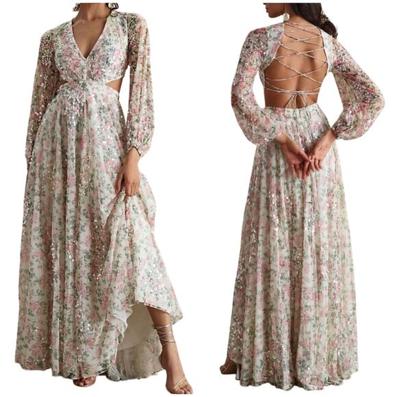 Mac Duggal NWT Sequined Floral Print Cut Out Lace Up Gown Size 0 Plunge Neck - Picture 3 of 11